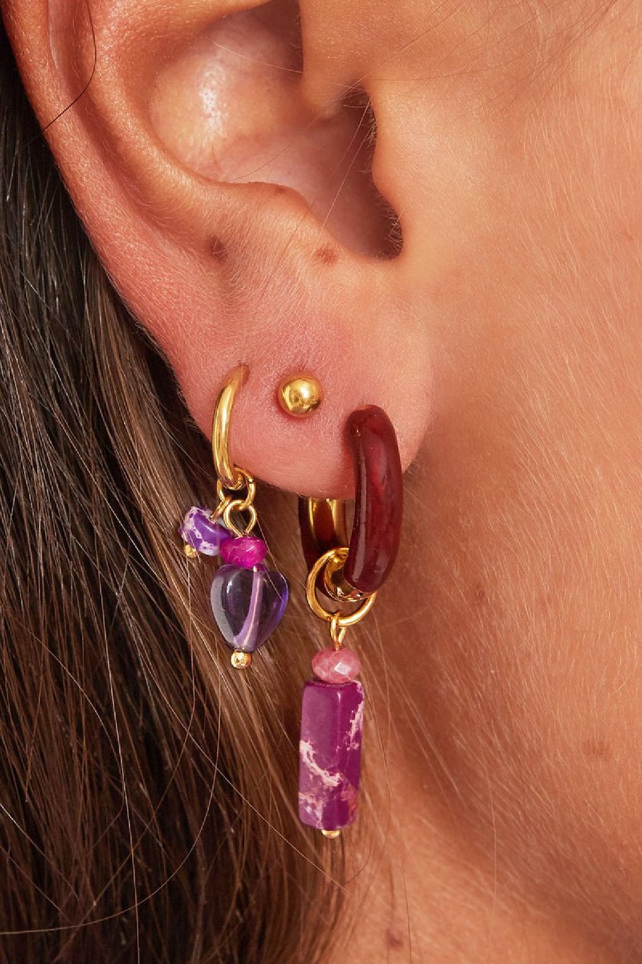 Boucles d'oreilles avec breloque colorée Large Bleu & Couleur or Acier inoxydable h5Image3